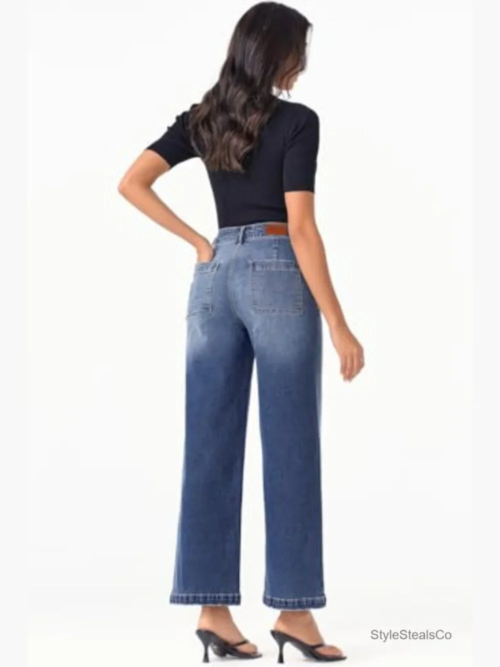High Waisted Wide Leg Jeans Stretchy Straight Fit Ankle Length Denim Pants - Picture 6 of 7